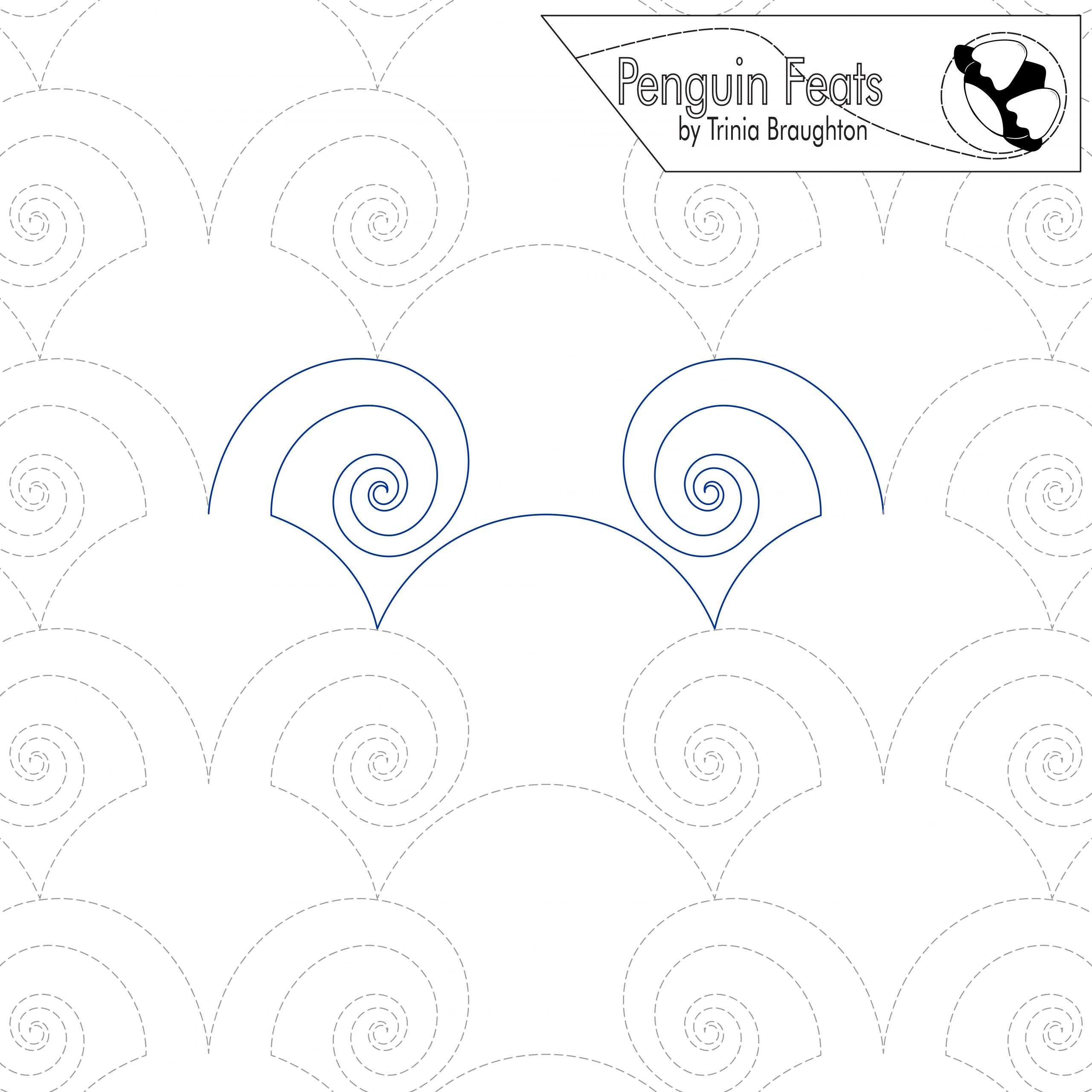Pattern with spiral designs and 'Penguin Feats' branding on a white background