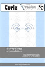 Curlz pattern sheet for computerized longarm quilters with a blue and gray design on a white background.
