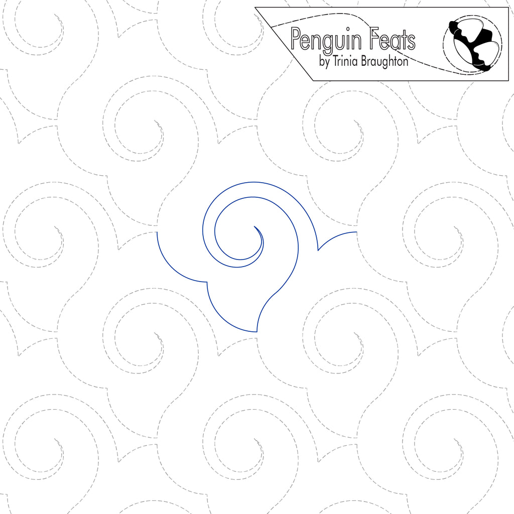 Patterned paper with swirling circular designs and 'Penguin Feats' branding.