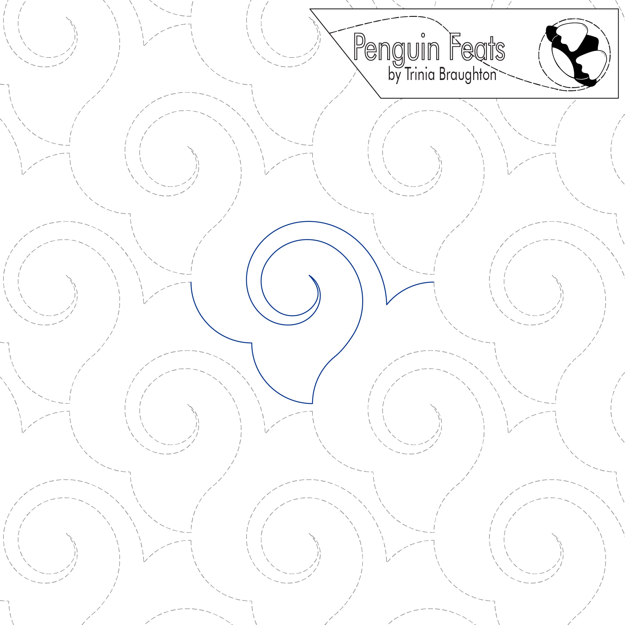 Patterned paper with swirling circular designs and 'Penguin Feats' branding.