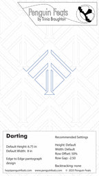 Design sheet for 'Darting' pattern by Trinia Braughton with technical details.