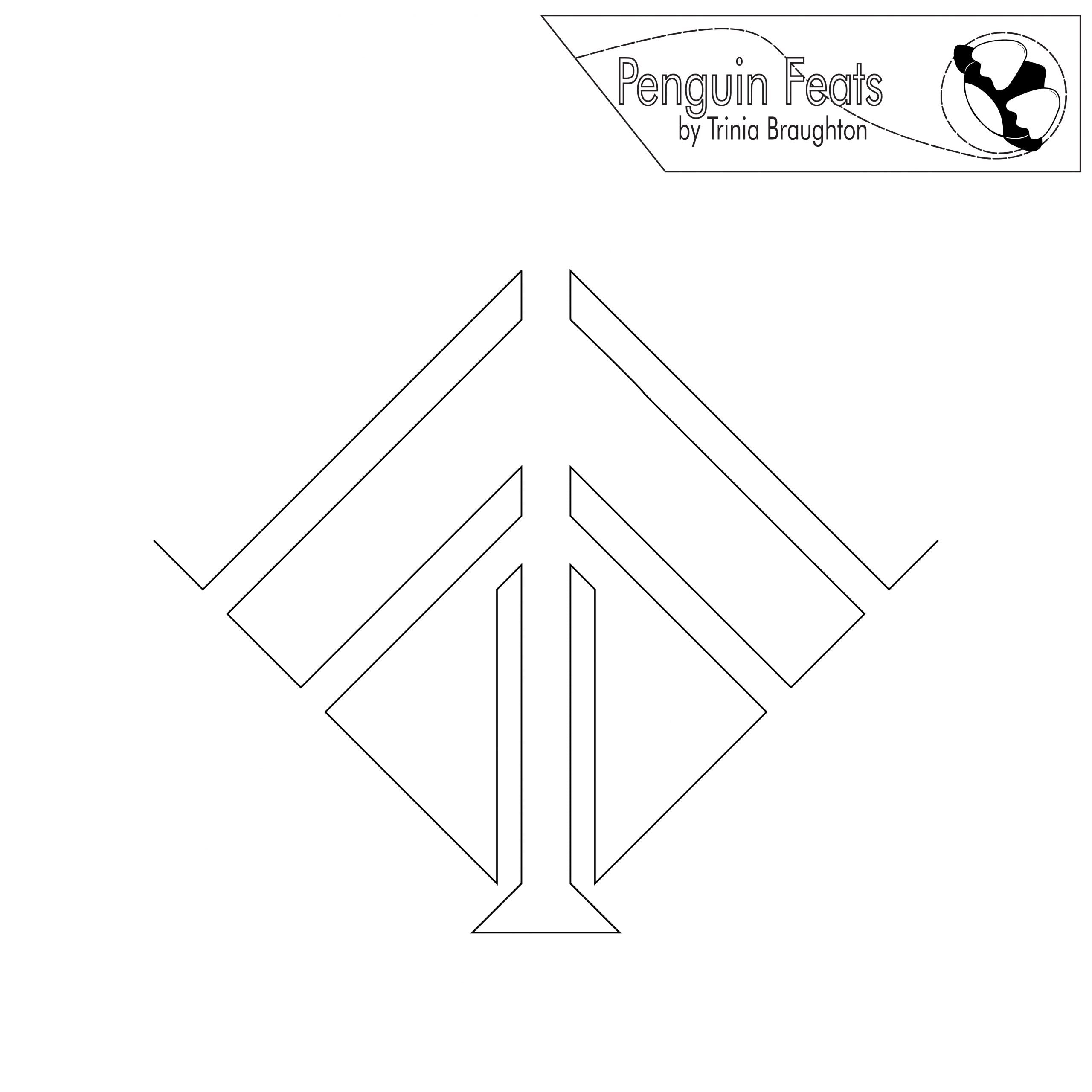 Black and white geometric design with 'Penguin Feats' logo at the top right corner on a white background.