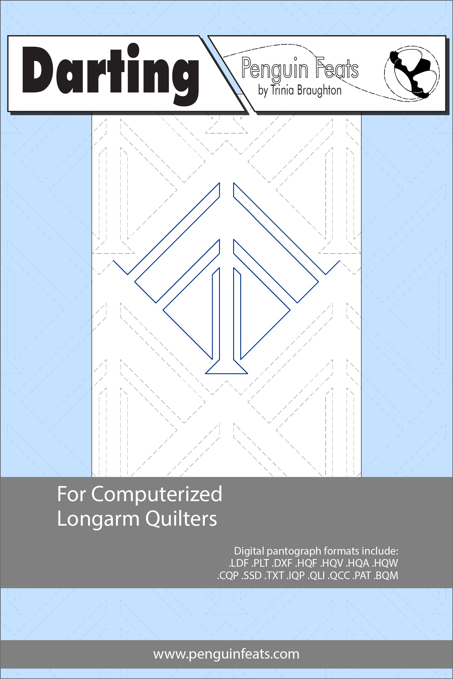 Darting pattern for computerized longarm quilters with a blue background