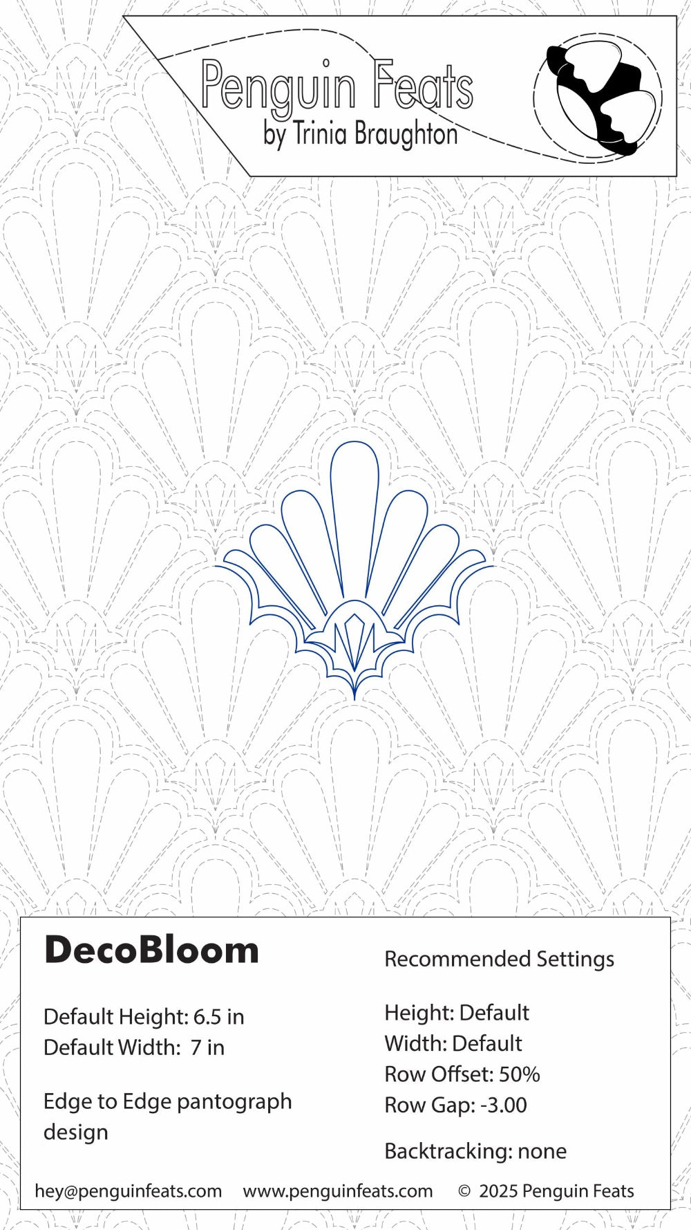 Design template for DecoBloom with decorative pattern and branding information.