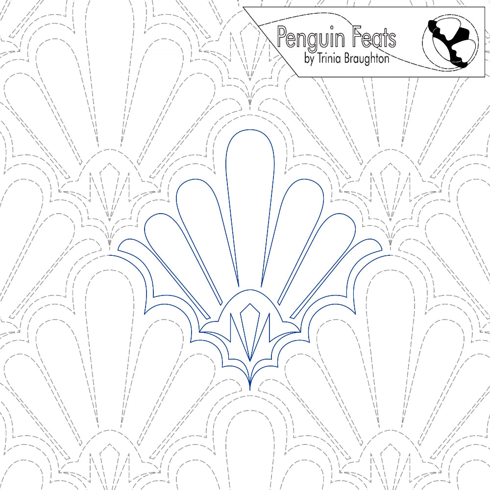 Quilting pantograph pattern with scalloped Art Deco design and 'Penguin Feats' branding.