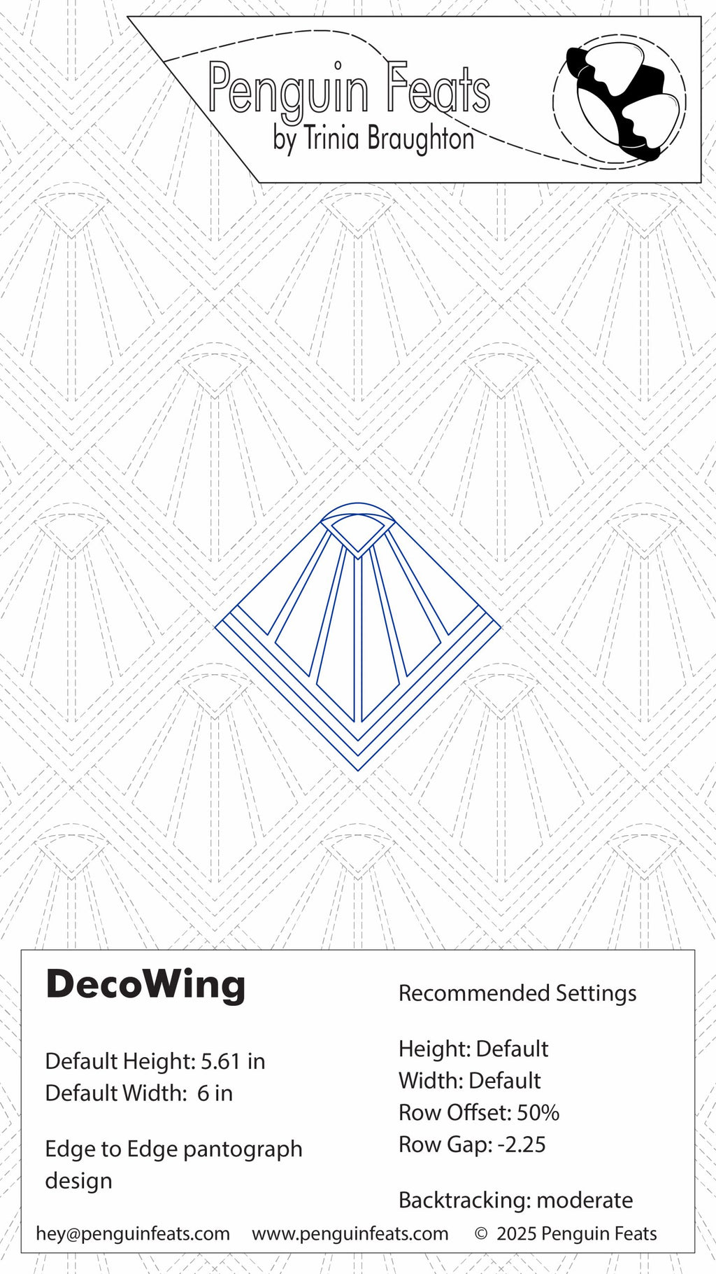 Design sheet for 'DecoWing' with geometric pattern settings and branding information.