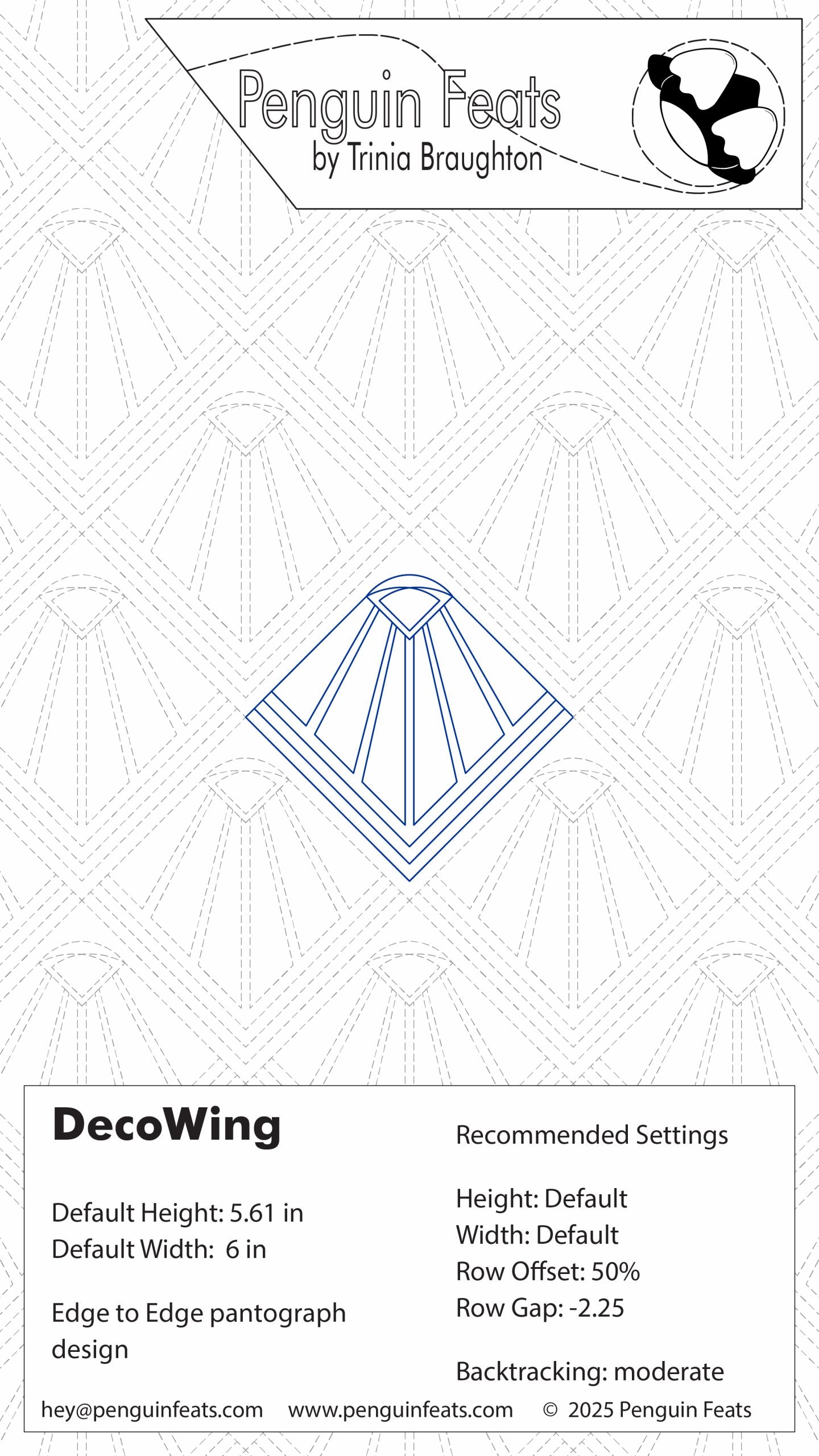 Design sheet for 'DecoWing' with geometric pattern settings and branding information.