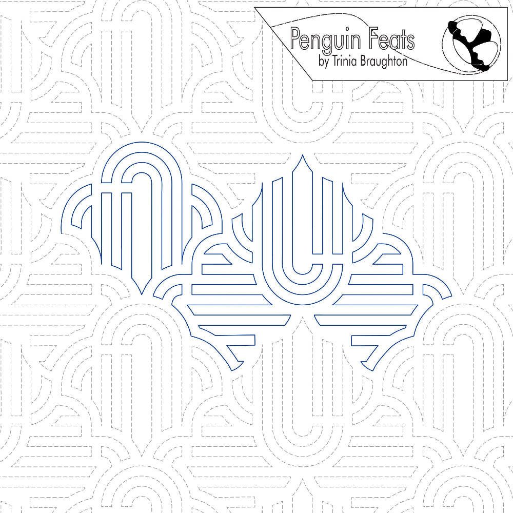 Continuous line design in blue of  geometric shapes and 'Penguin Feats' text by Trinia Braughton