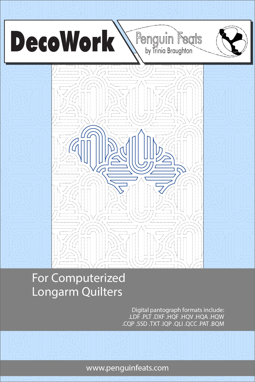 DecoWork design sheet for computerized longarm quilters with a blue and white pattern on a light blue background.