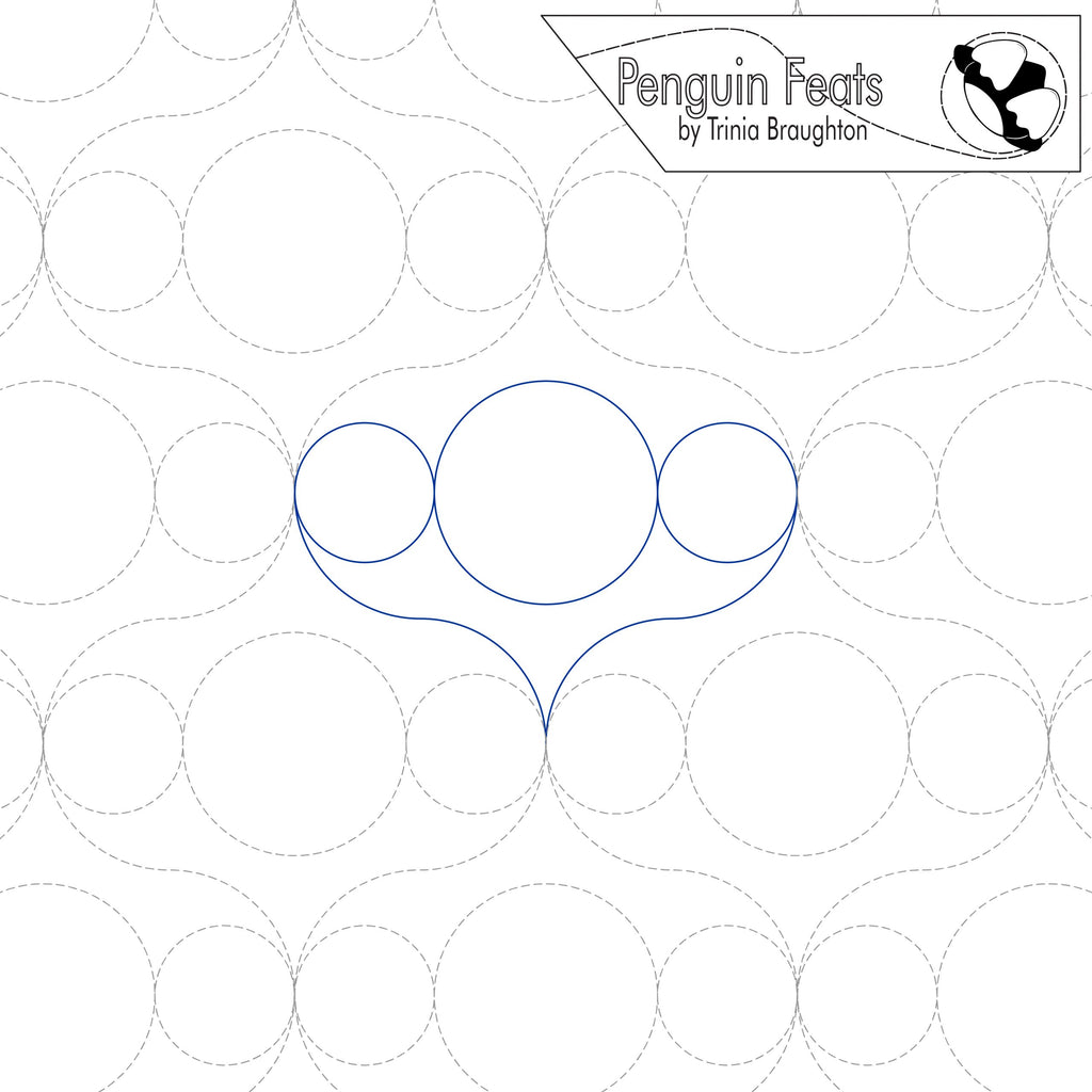 Continuous line pattern in blue of three circles over curves with 'Penguin Feats' by Trinia Braughton logo at the top.