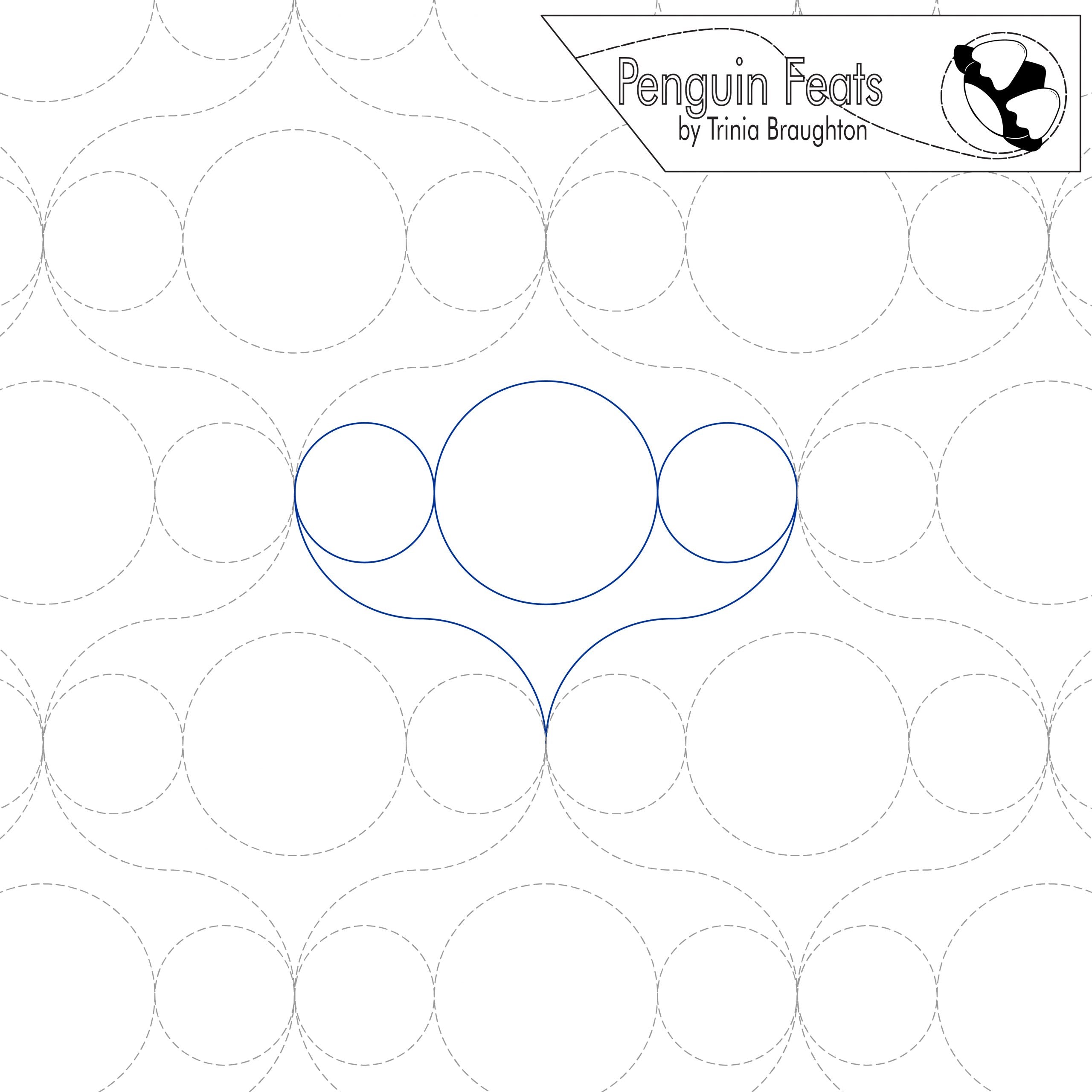 Continuous line pattern in blue of three circles over curves with 'Penguin Feats' by Trinia Braughton logo at the top.