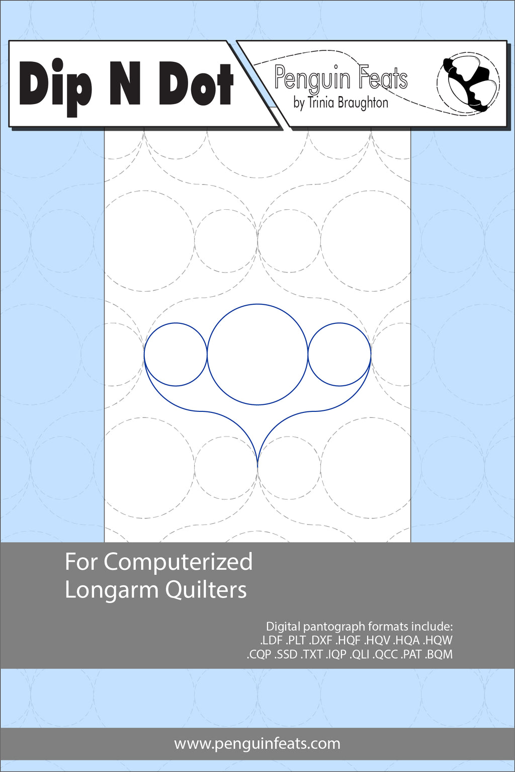 Dip N Dot pattern sheet for computerized longarm quilters with blue circles on a white background.
