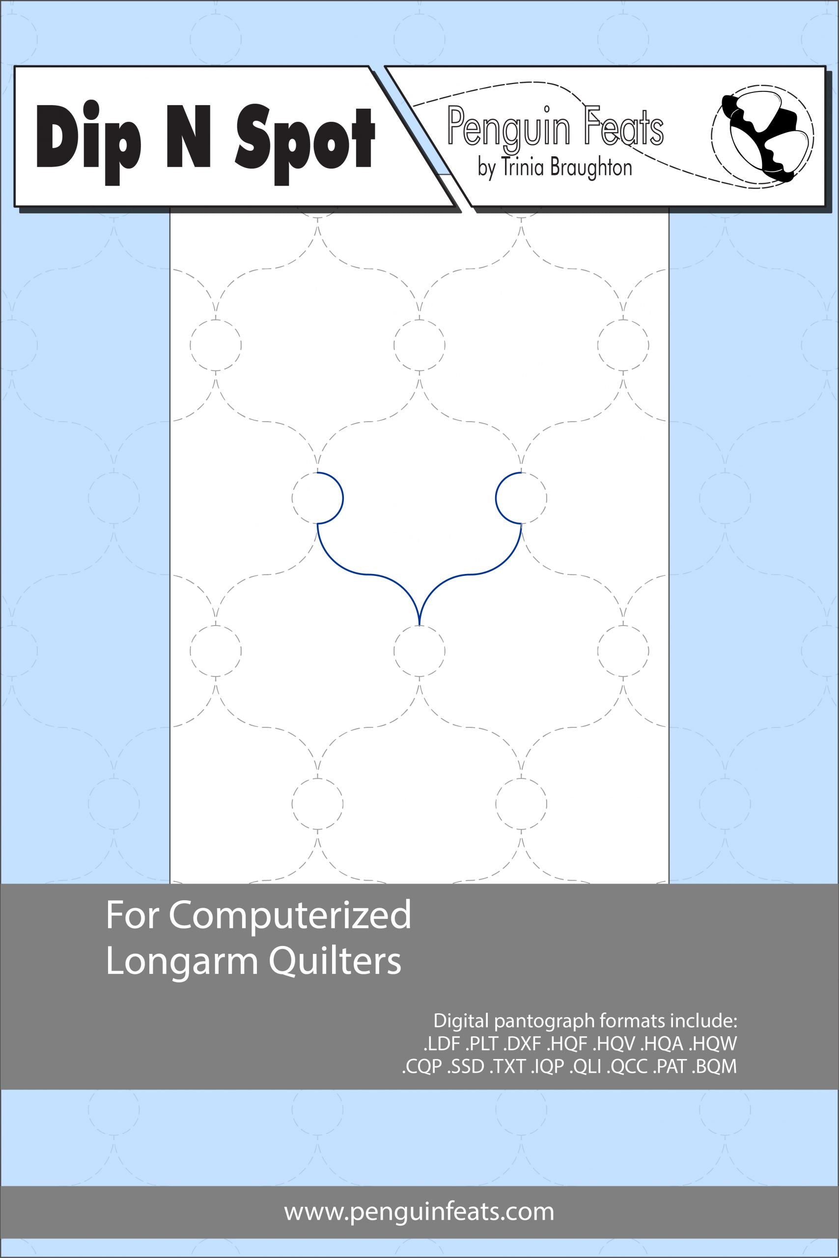 Dip N Spot pattern sheet for computerized longarm quilters with a blue and gray design on a white background.