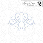 Outline of a peacock feather design on a white background with 'Penguin Feats' branding.