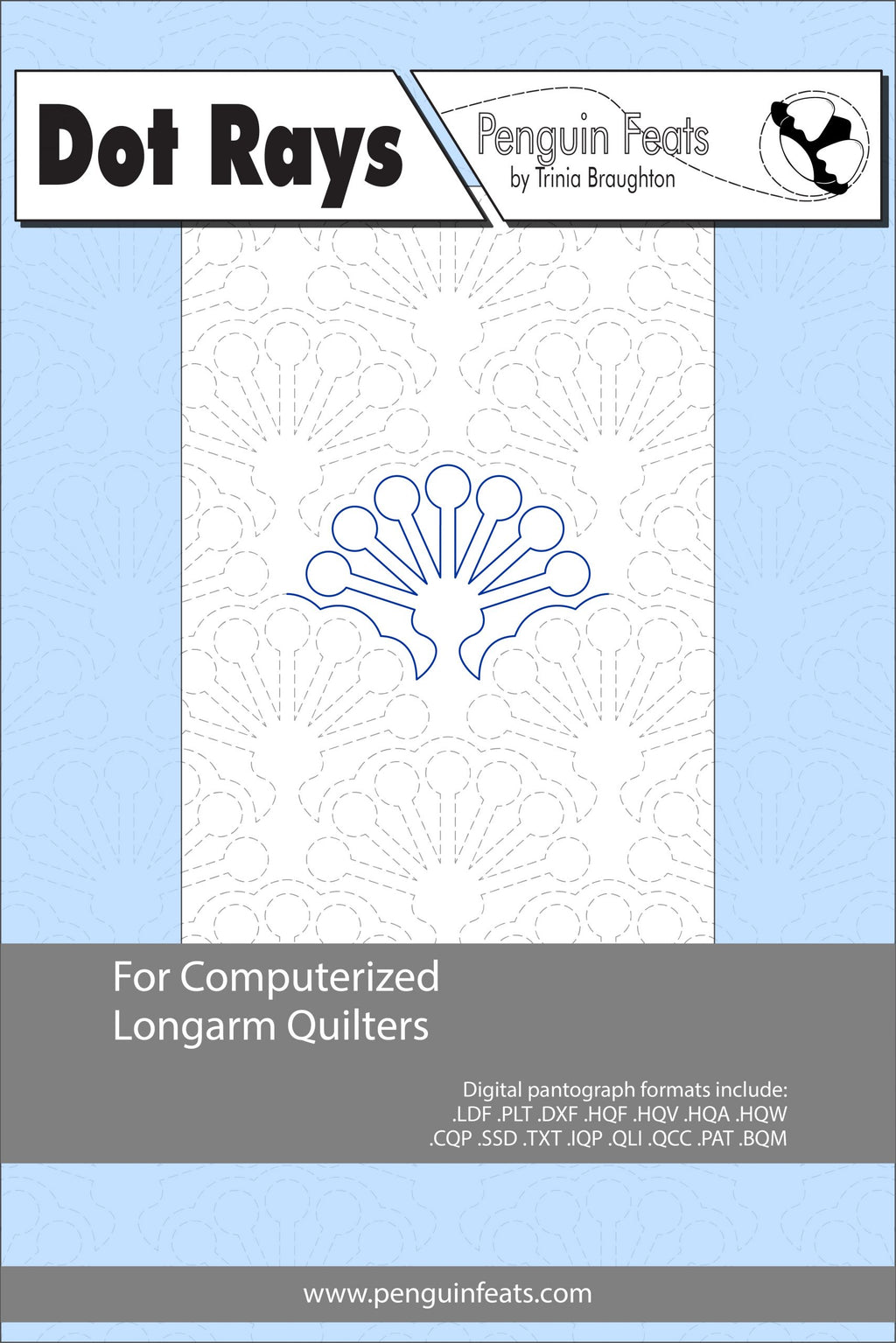 Pattern sheet for computerized longarm quilters with a blue and gray design on a white background.