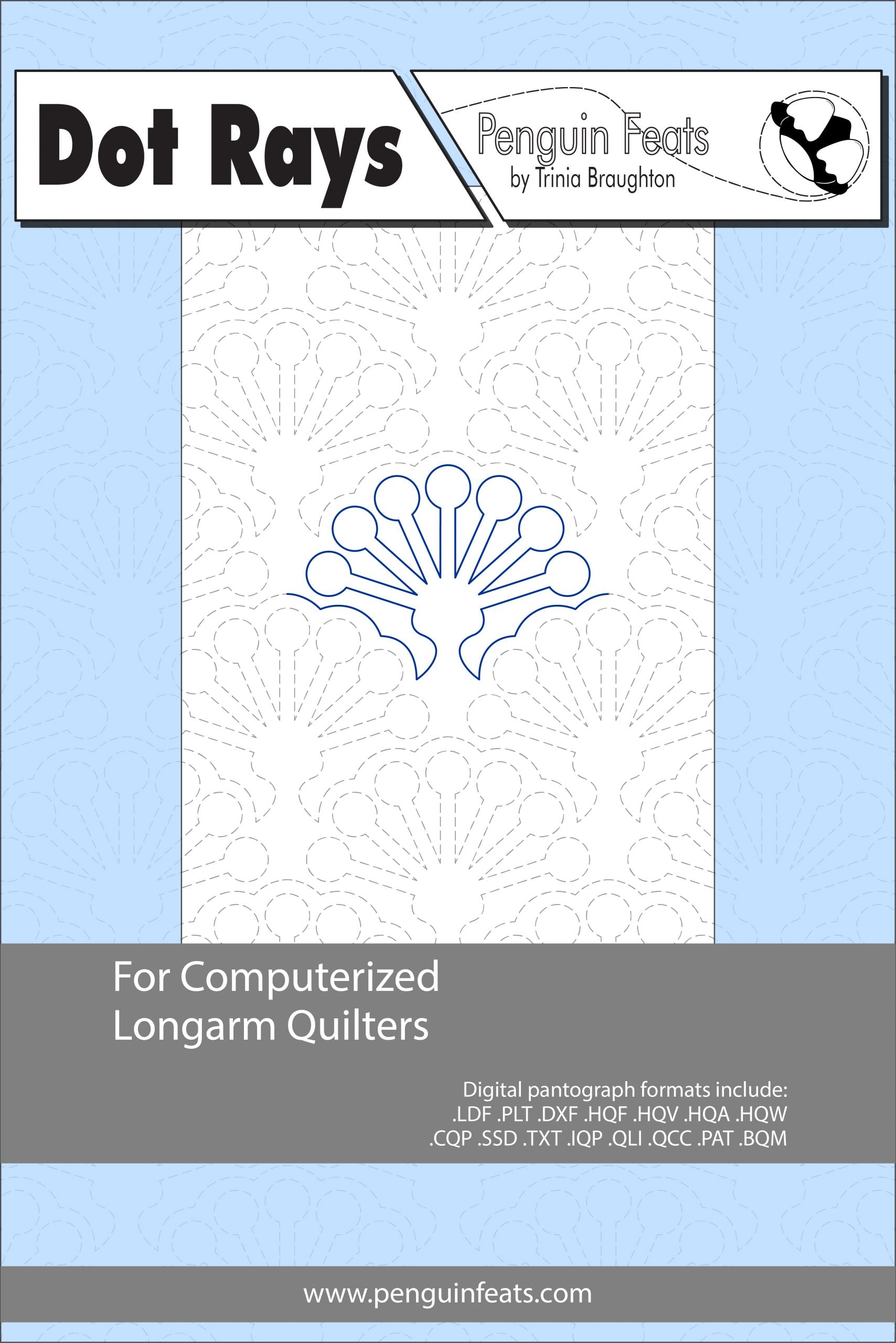 Pattern sheet for computerized longarm quilters with a blue and gray design on a white background.
