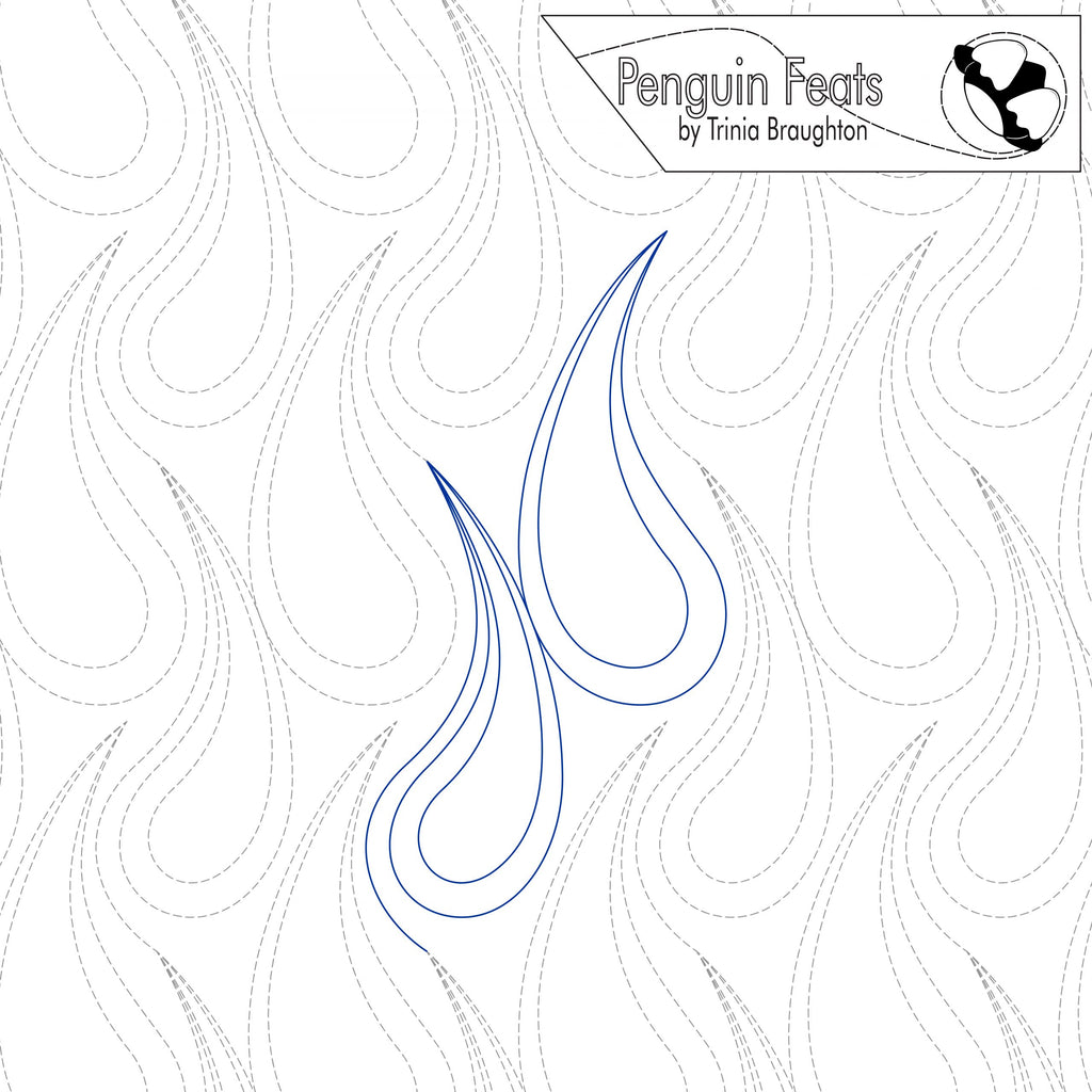 Pattern design with water drops on wavy lines and 'Penguin Feats' branding on a white background