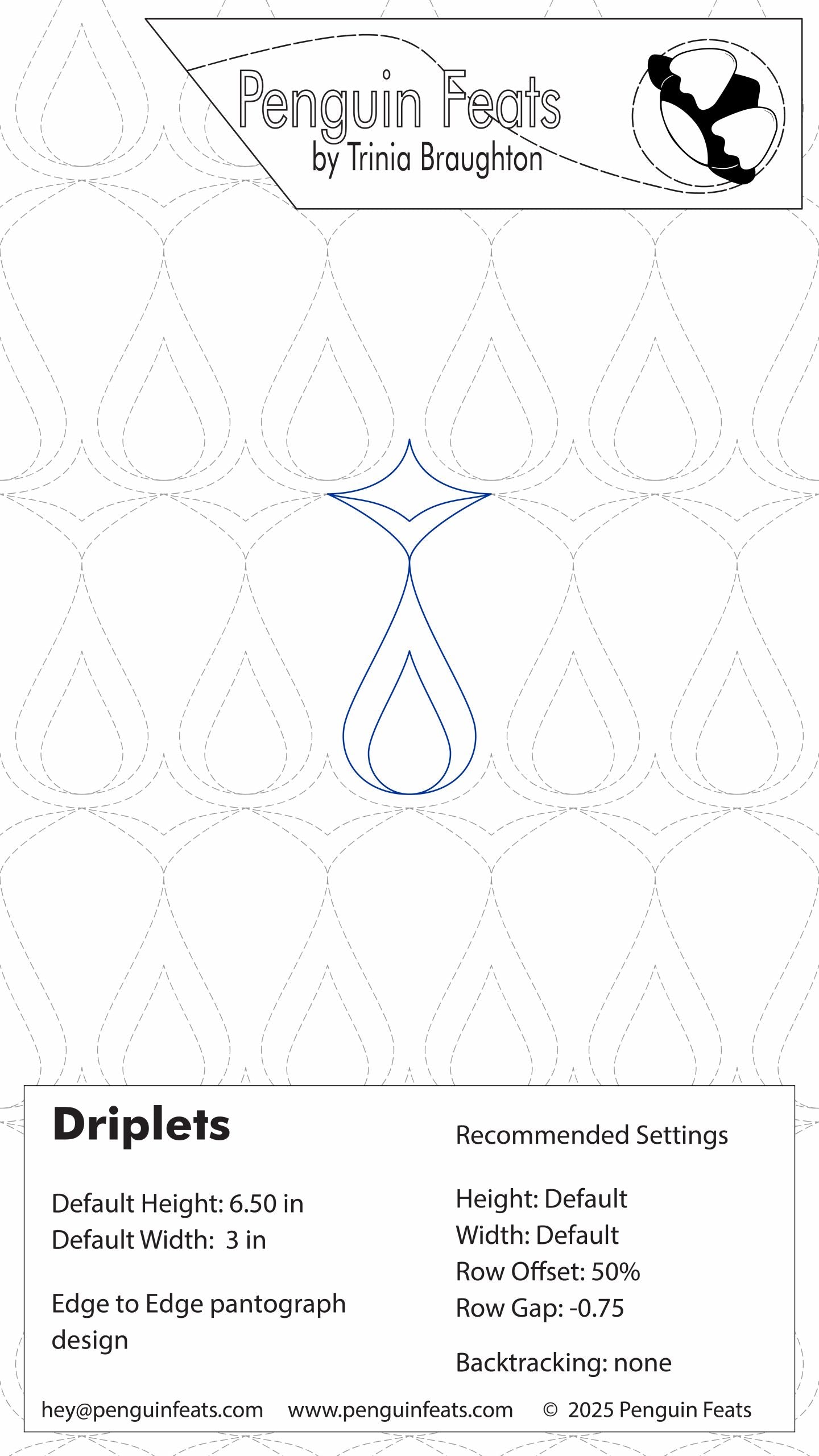 Quilting design sheet for 'Driplets' by Trinia Braughton with recommended settings on a white background.