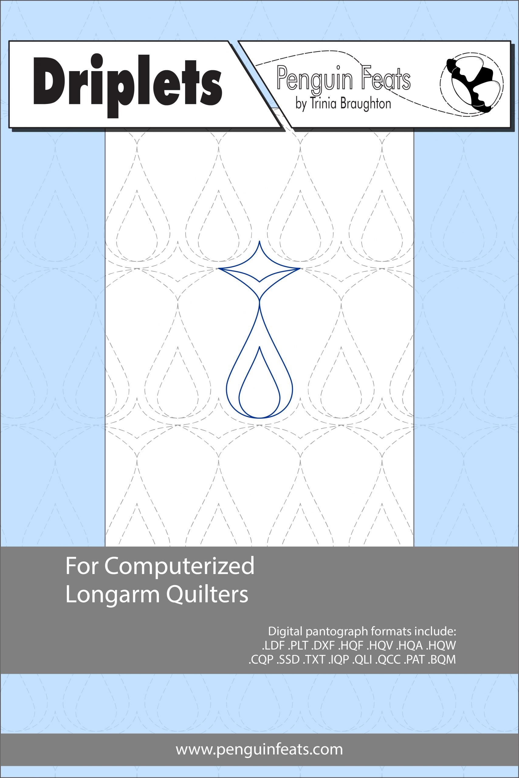 Quilting design sheet for computerized longarm quilters with a blue and gray color scheme.
