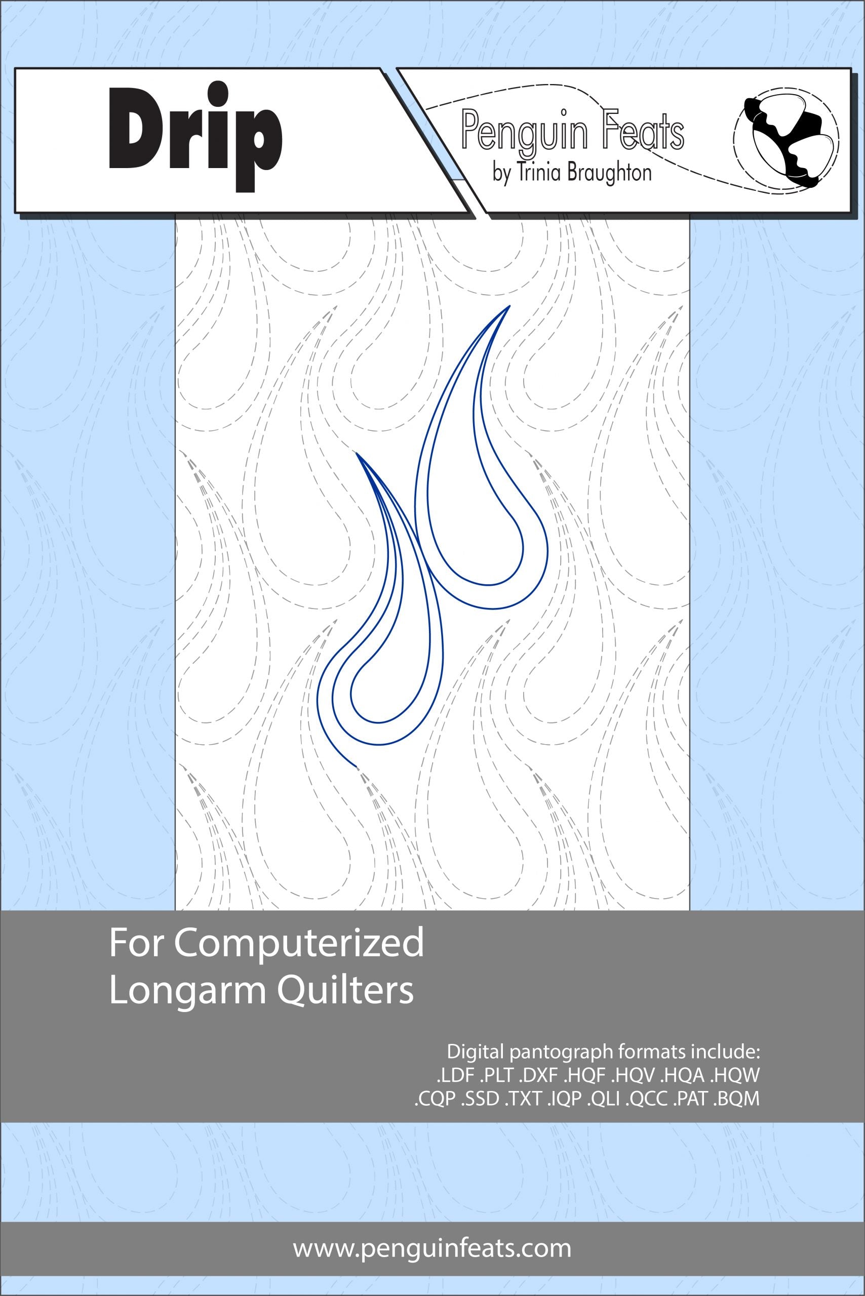 Quilting design sheet for computerized longarm quilters with a blue and gray design on a light blue background.
