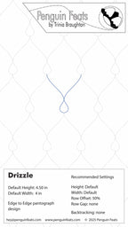 Penguin Feats pattern card for 'Drizzle' design with text and branding.