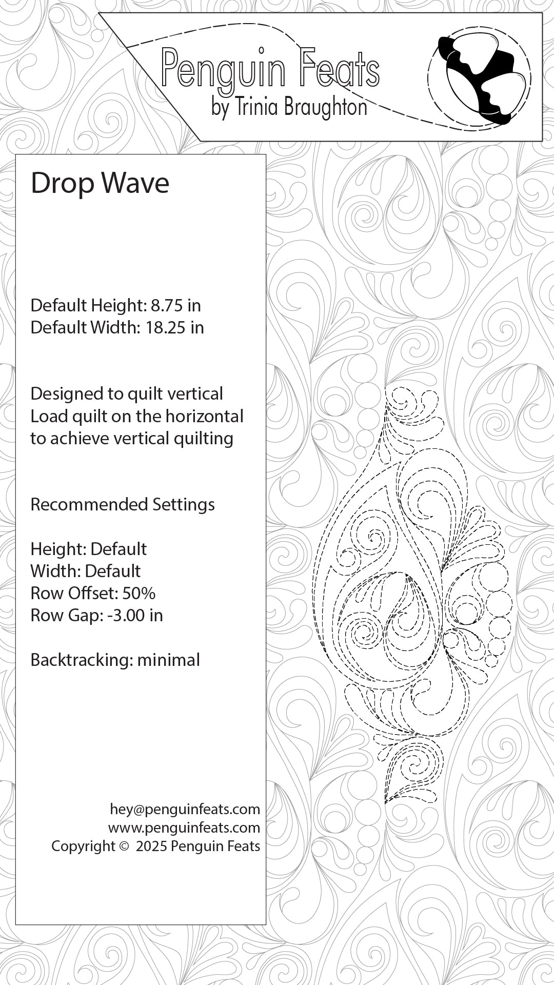 Quilting design guide with water drops and swirls inside a wave pattern and text on a white background