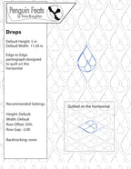 Quilting design pattern sheet with 'Drops' design settings on a white background