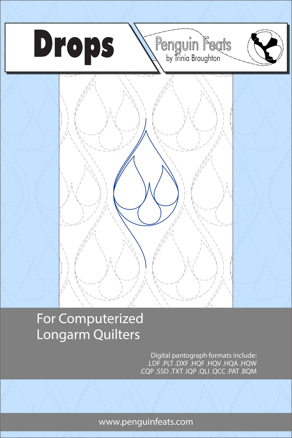 Quilting design sheet for computerized longarm quilters with 'Drops' text and 'Penguin Feats' branding.