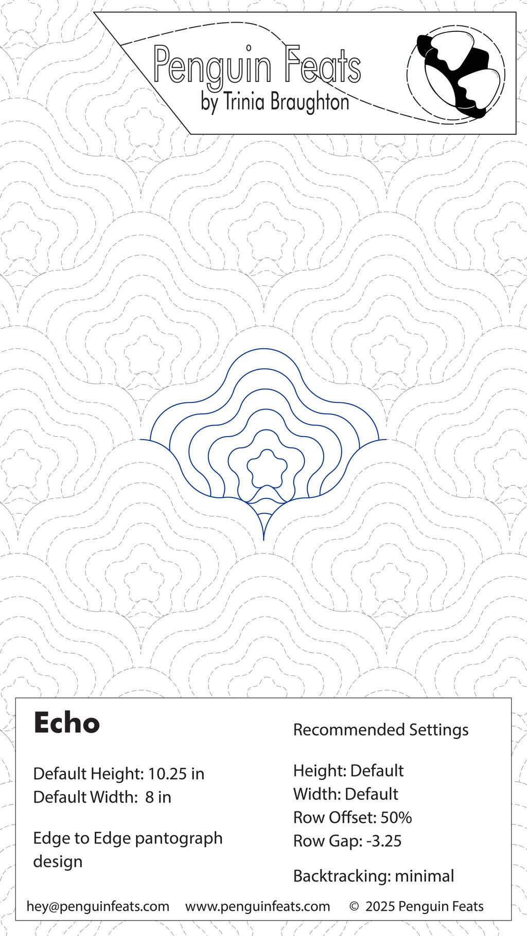 Penguin Feats Echo pattern with design details and branding information.