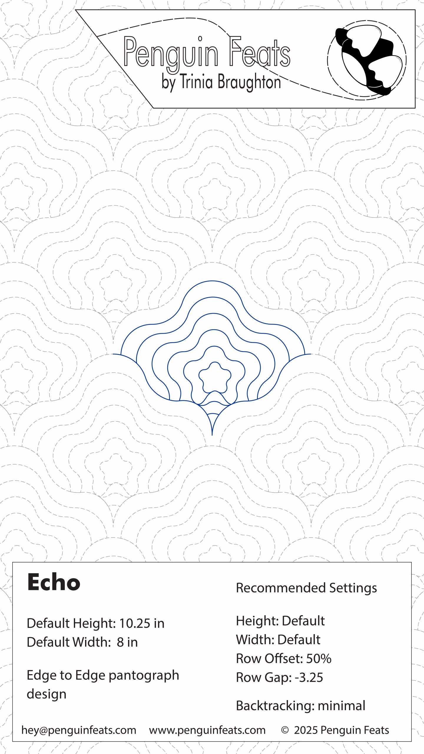 Penguin Feats Echo pattern with design details and branding information.