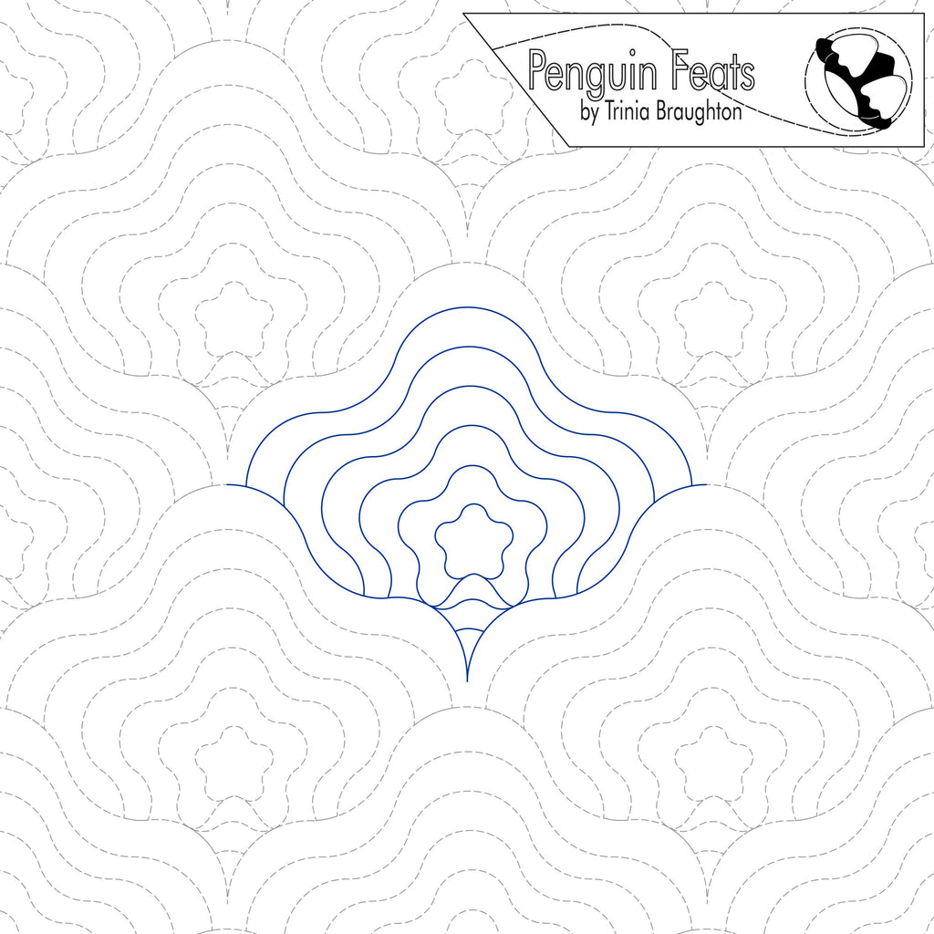 Quilting pattern with concentric circles and star shapes, branded 'Penguin Feats' by Trinia Braughton.