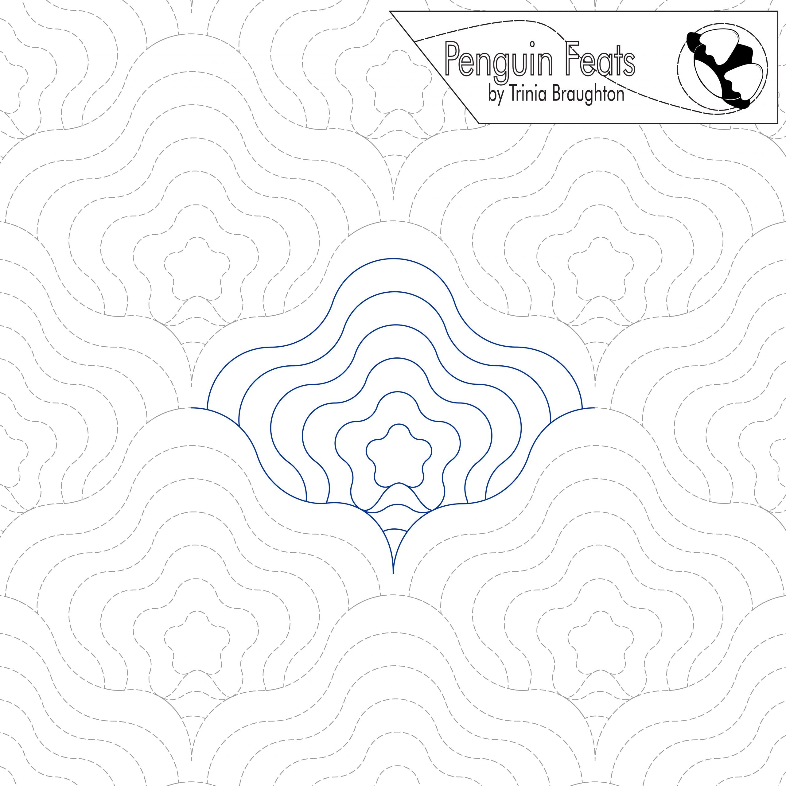 Quilting pattern with concentric circles and star shapes, branded 'Penguin Feats' by Trinia Braughton.