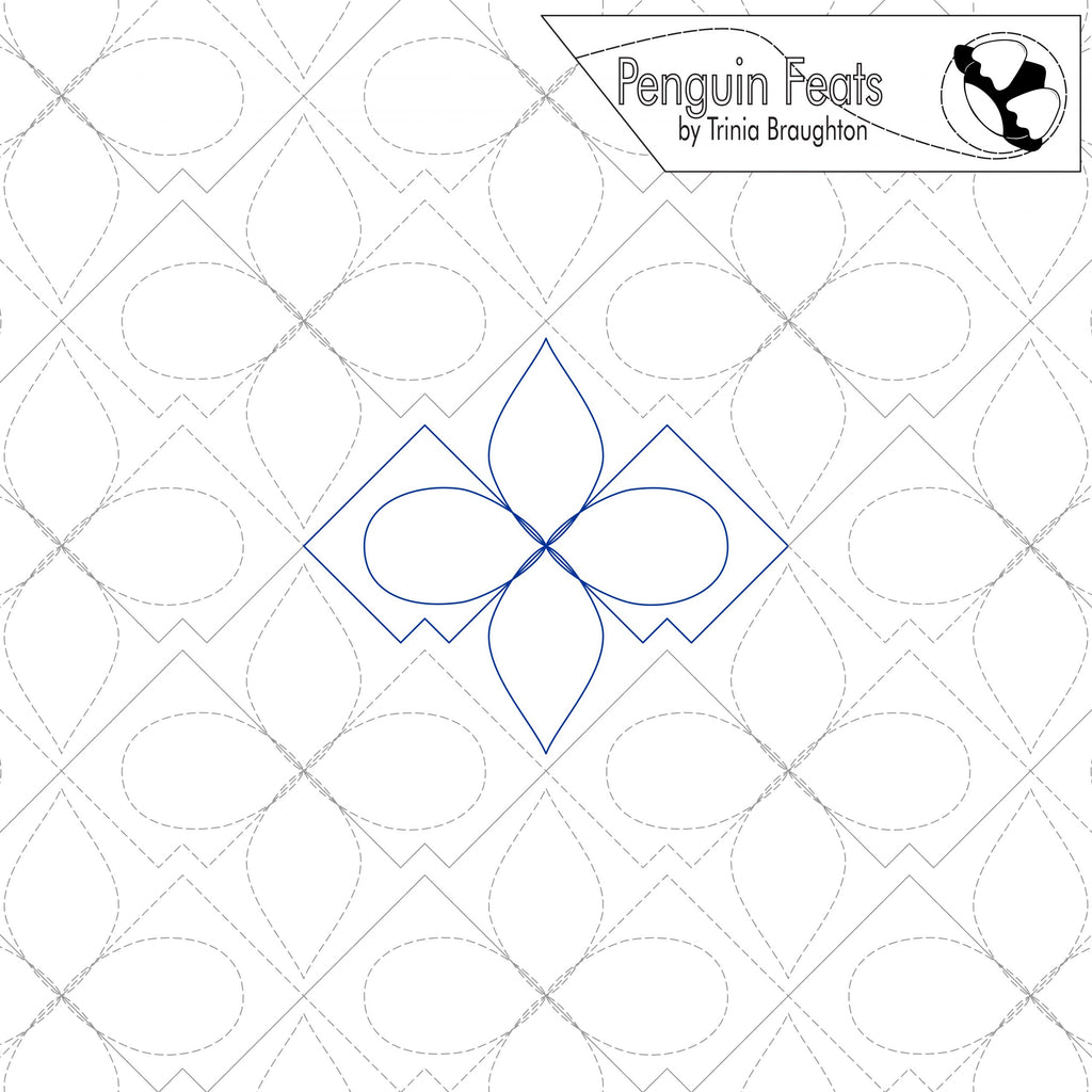 Quilting design with geometric pattern and 'Penguin Feats' branding.