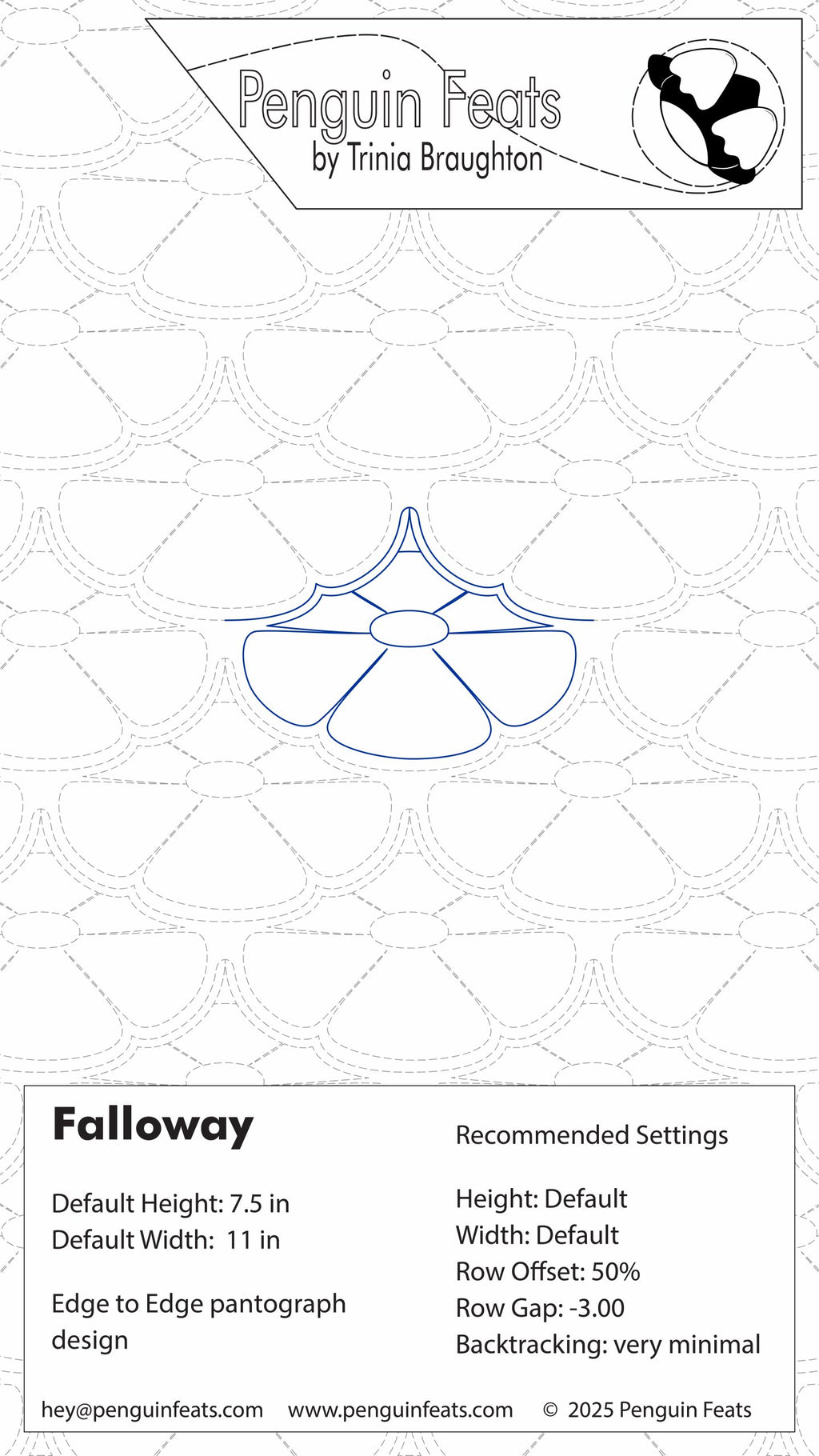 Quilting design pattern sheet for a flower on a quilt with 'Penguin Feats' branding.