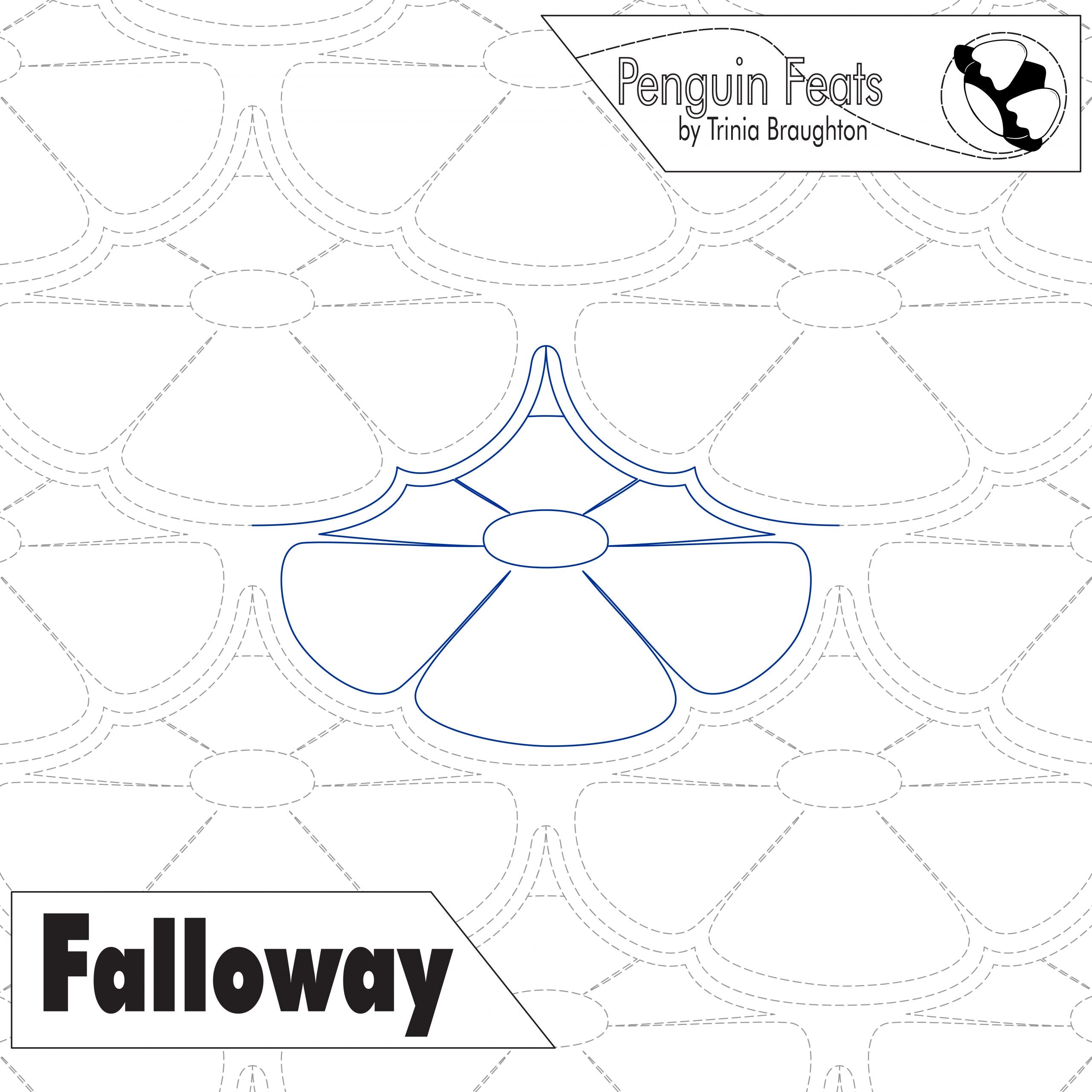 Design of repeating flower for a quilt with geometric pattern and 'Penguin Feats' branding.