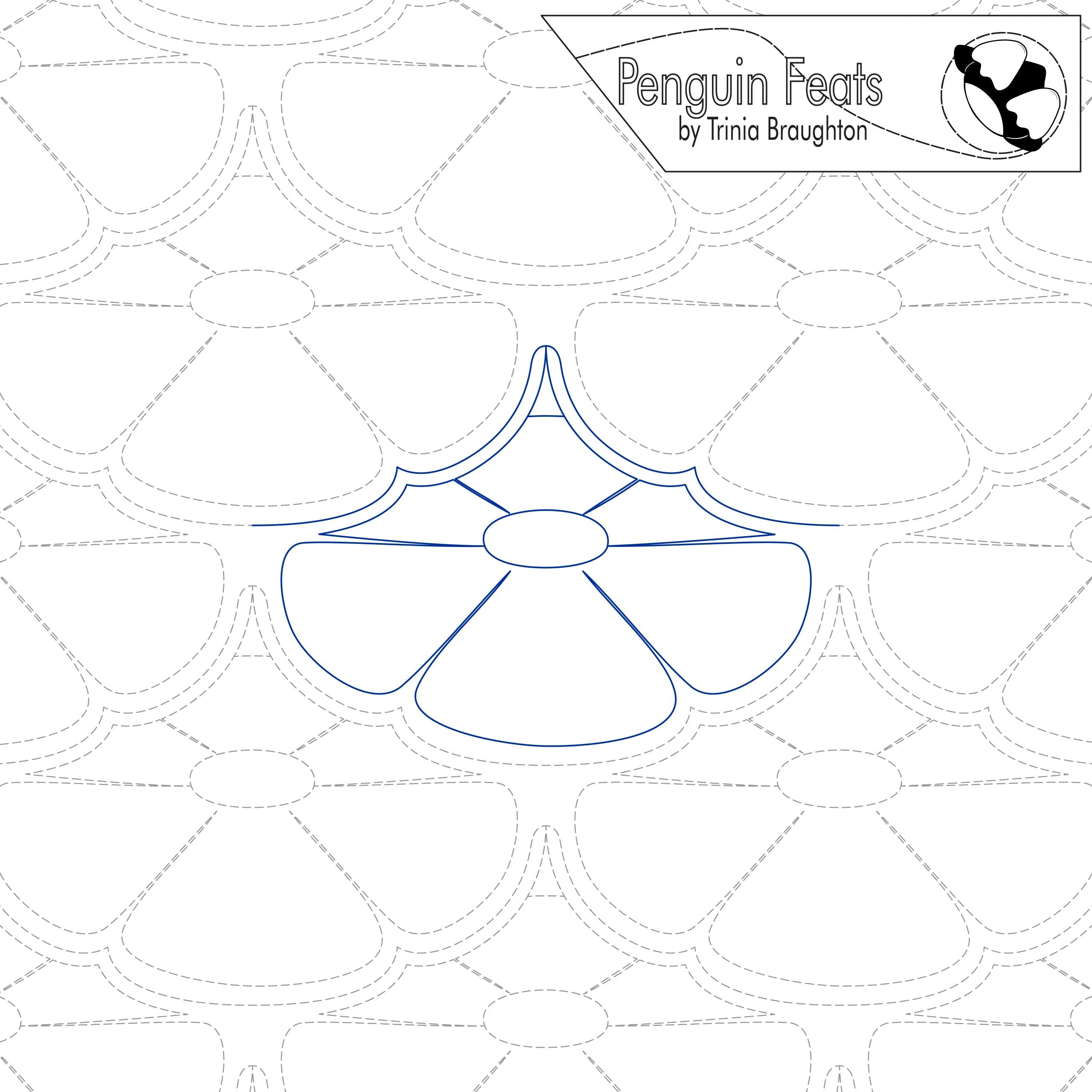 Continuous line design of repeating flower on white background, featuring the brand 'Penguin Feats' by Trinia Braughton.