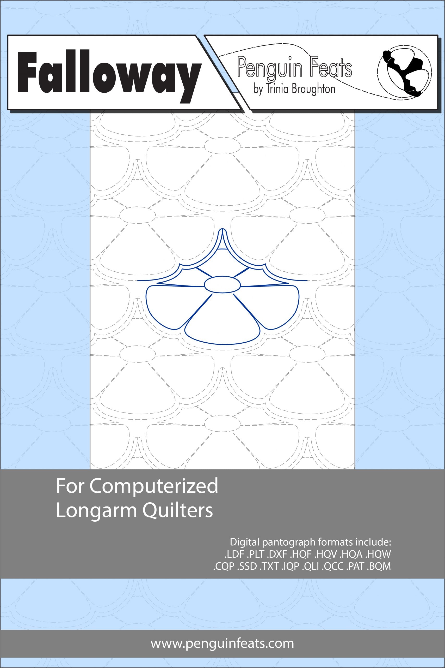 Falloway pattern sheet for computerized longarm quilters with a blue and gray design on a light blue background.
