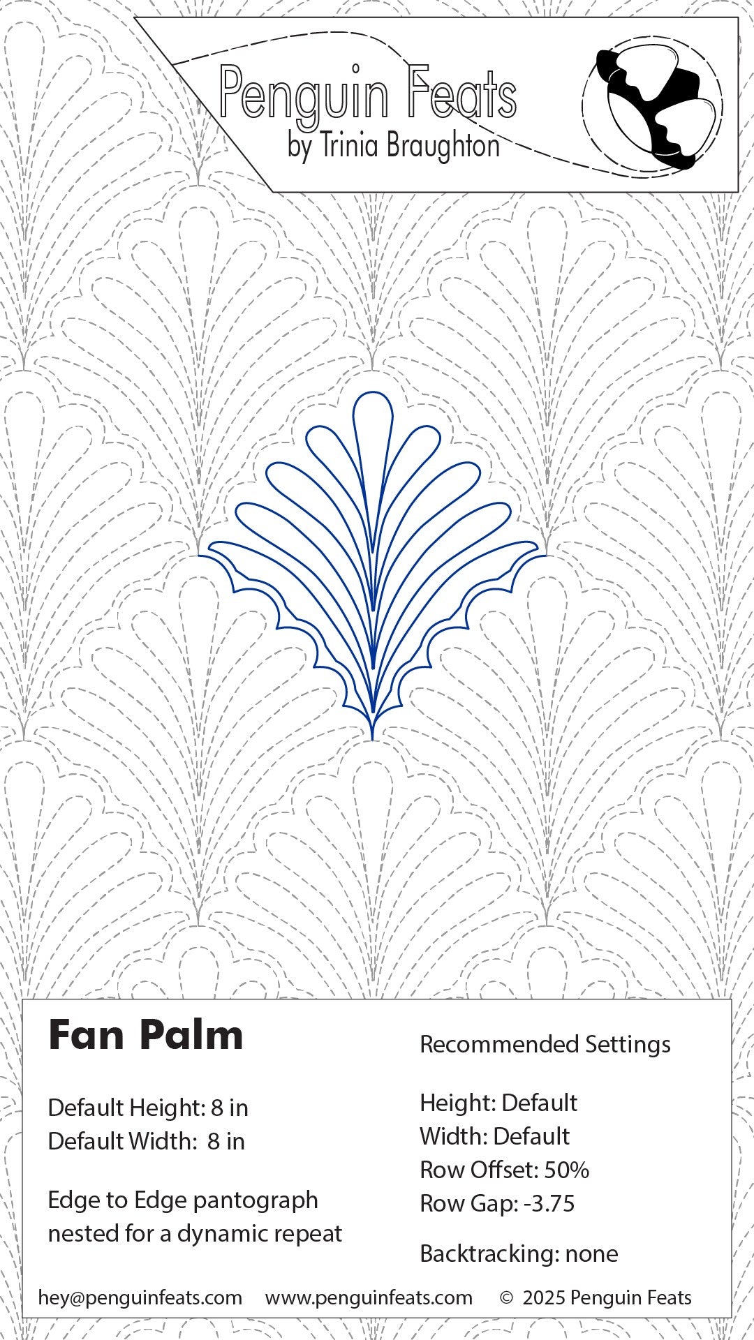 Quilting design sheet for 'Fan Palm' pattern by Trinia Braughton with settings and branding at the top.