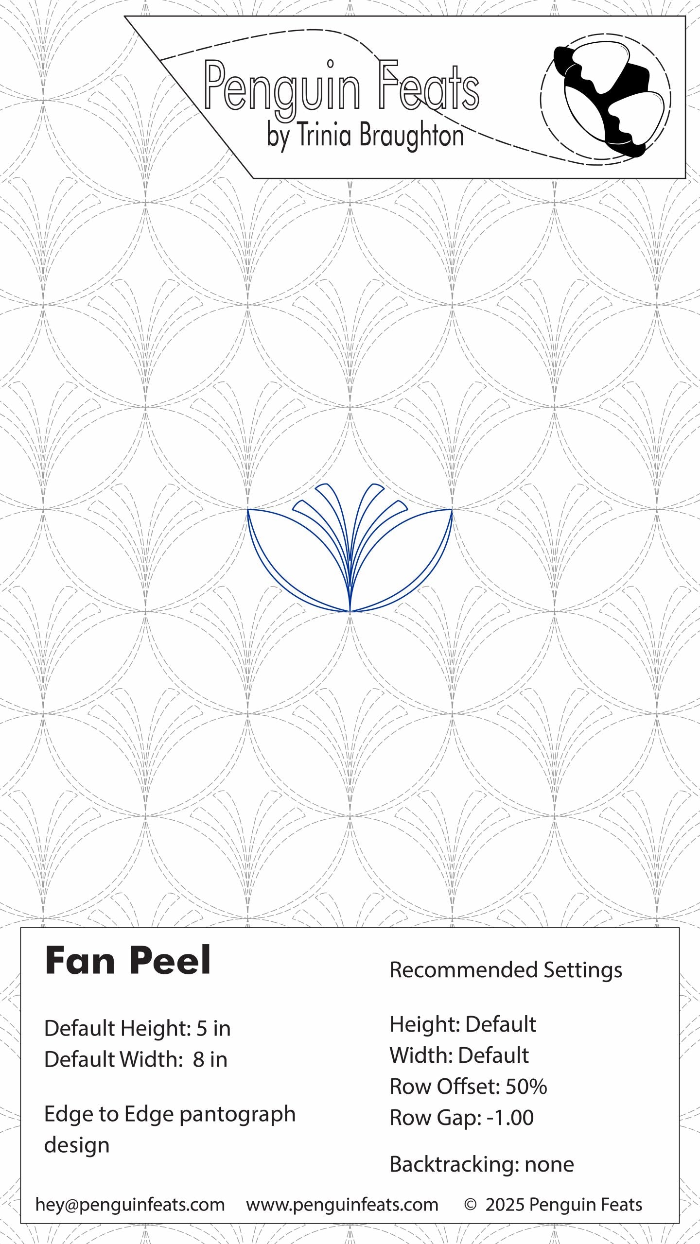 Design sheet for a fan peel with geometric pattern and branding information.