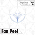 Design of a fan peel with geometric patterns and 'Penguin Feats' branding.