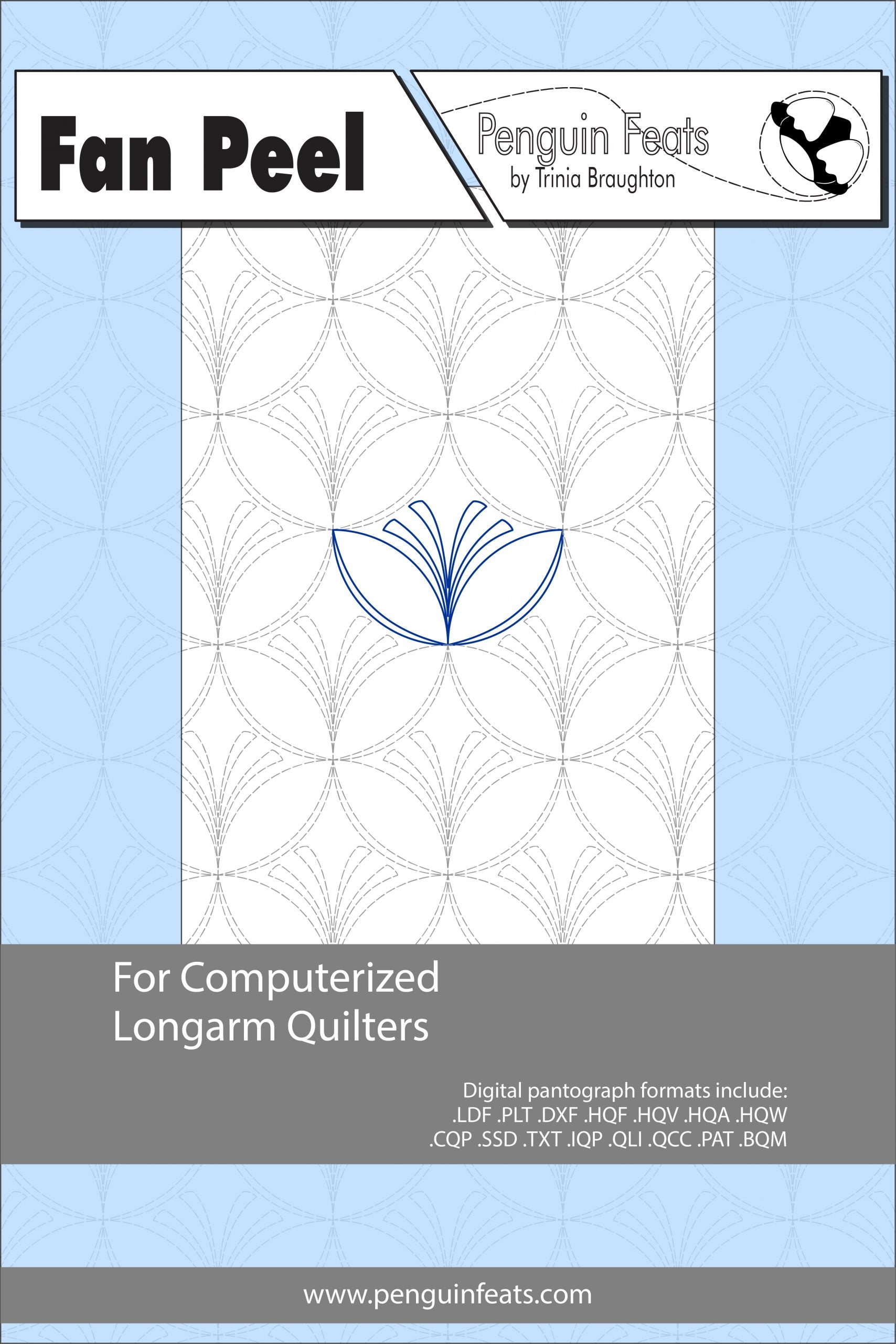 Pattern sheet for computerized longarm quilters with blue design on a light blue background