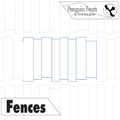 Continuous line design of vertical lines in blocks with the branding 'Penguin Feats' by Trinia Braughton and titled 'Fences'.