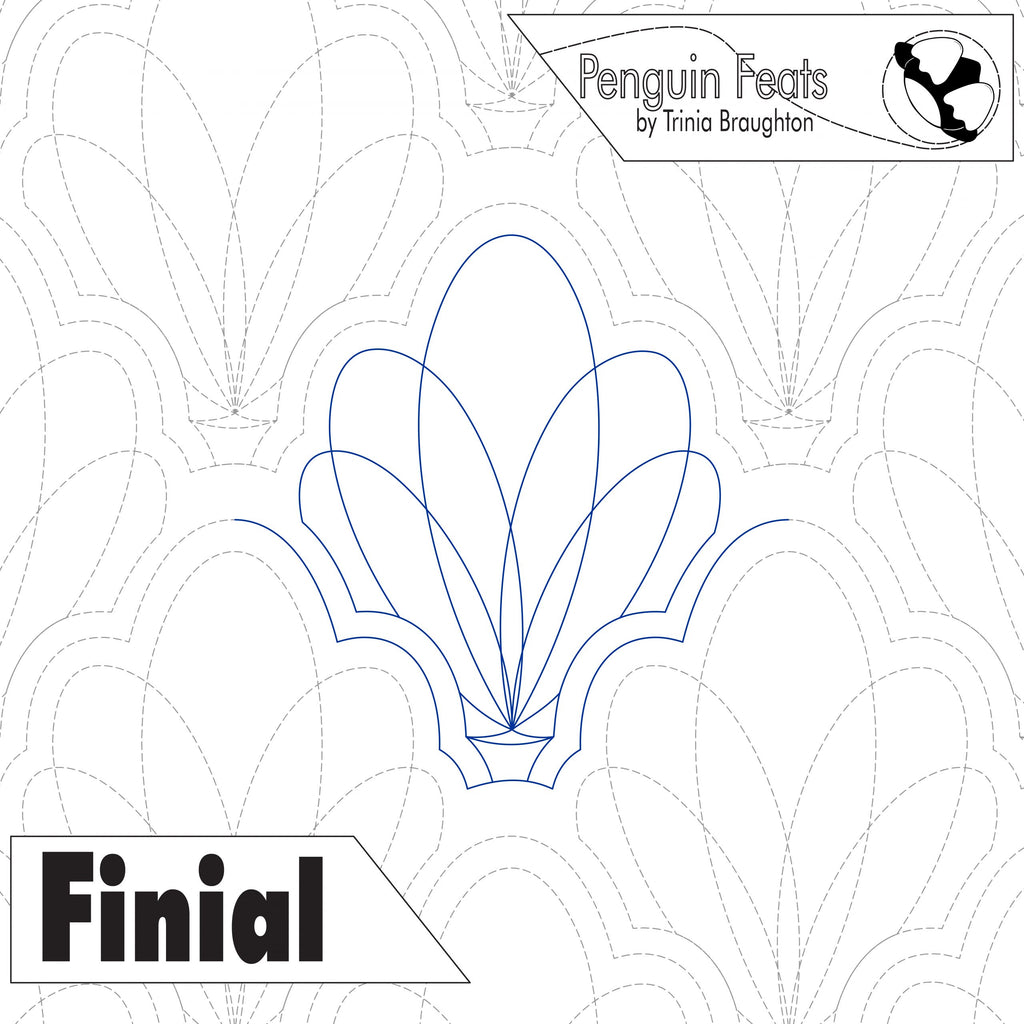 Outline of a finial design with 'Penguin Feats' branding at the top and 'Finial' text at the bottom.