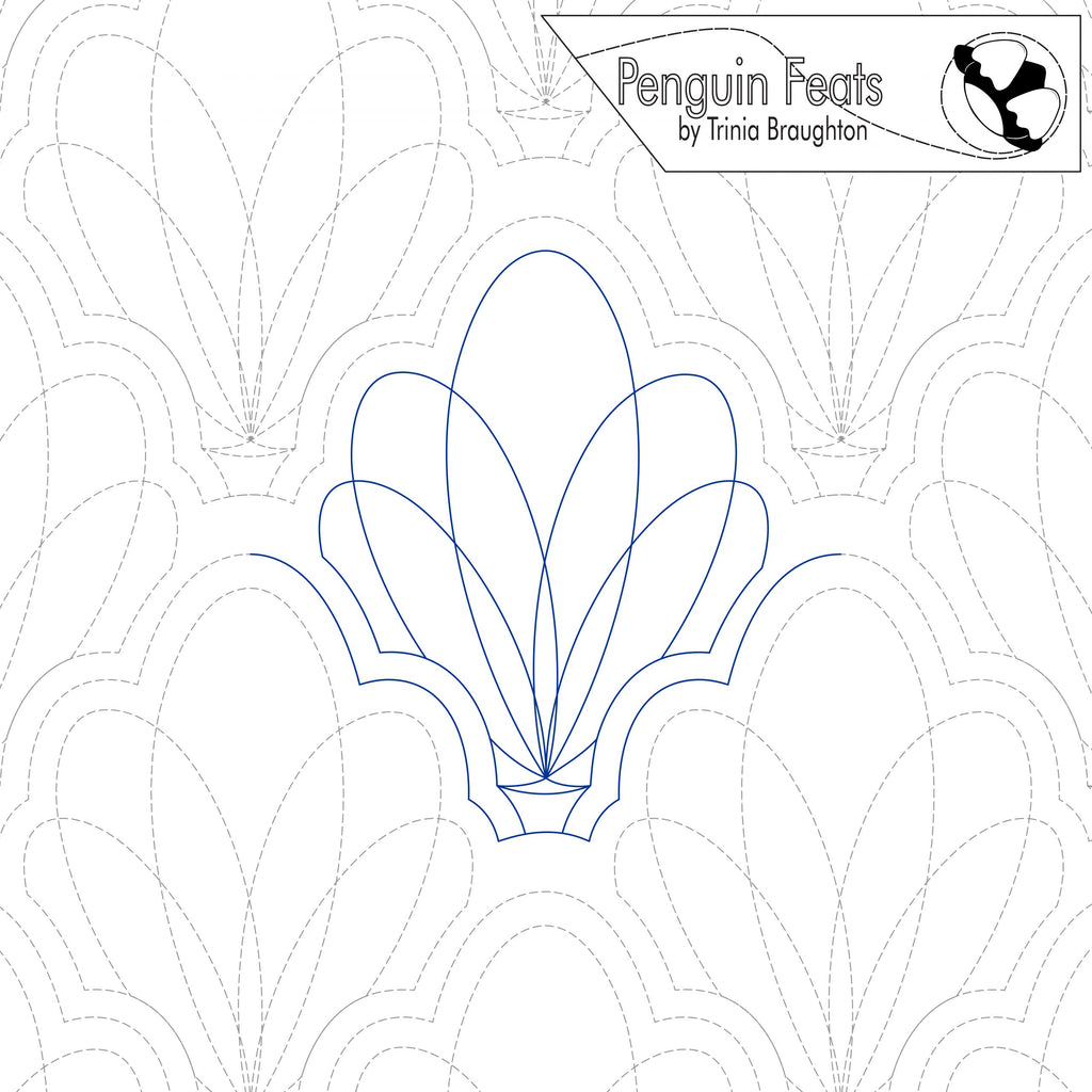 Quilting design of continuous loops in an arch with 'Penguin Feats' by Trinia Braughton in the top right corner.