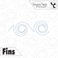 Pattern of blue curved lines and swirls with waves on a white background with 'Penguin Feats' and 'Fins' text.