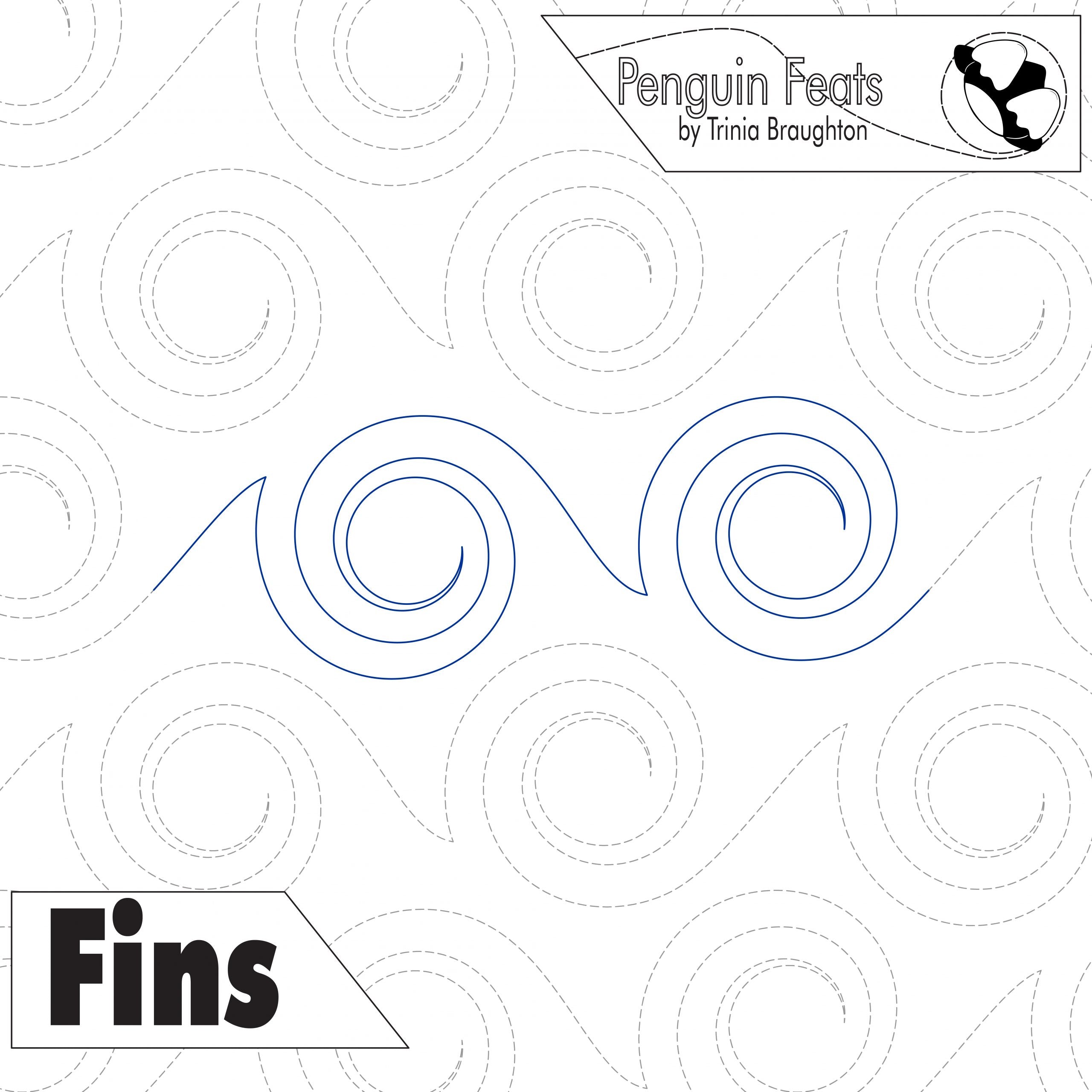 Pattern of blue curved lines and swirls with waves on a white background with 'Penguin Feats' and 'Fins' text.