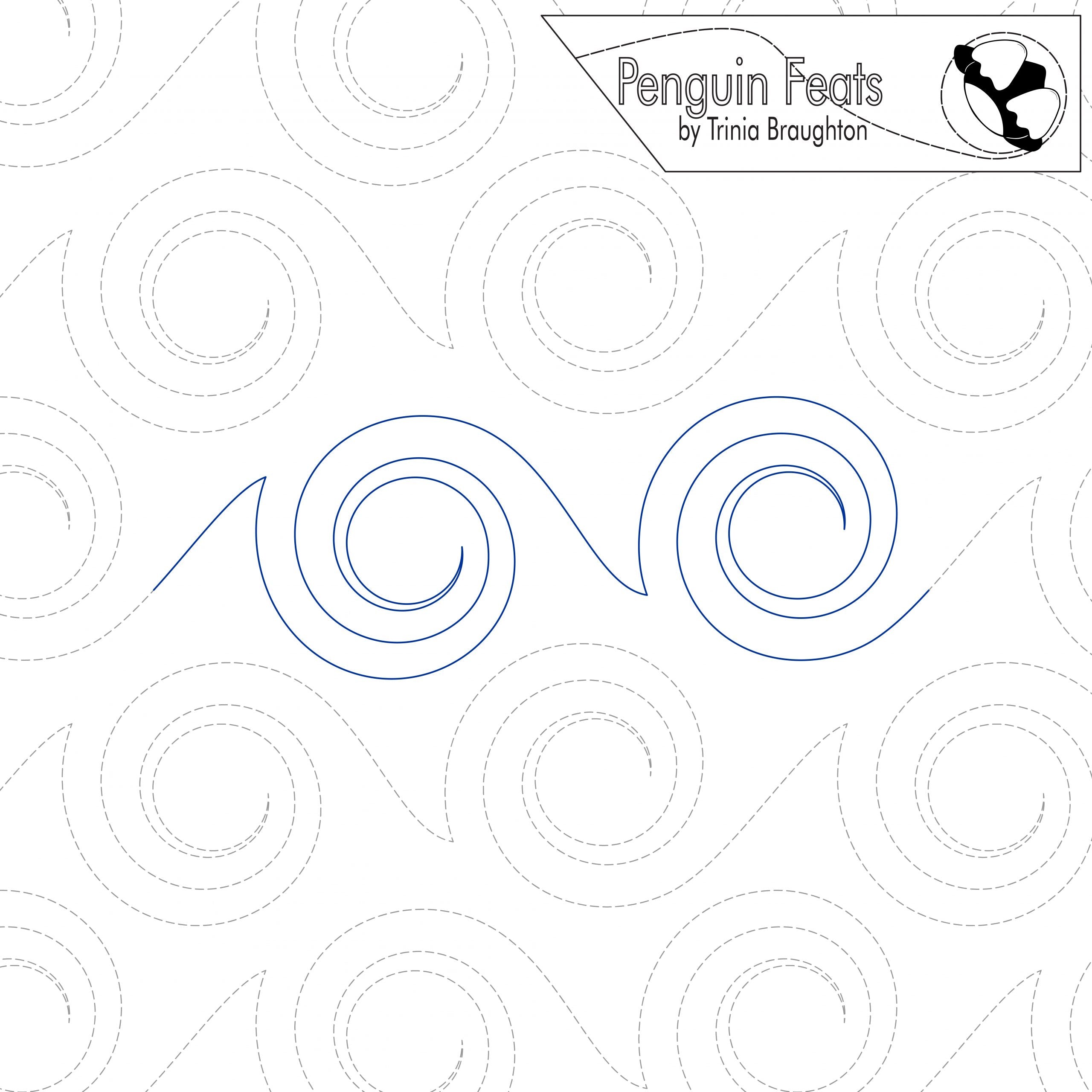Pattern design with blue circles on a white background, featuring the text 'Penguin Feats by Trinia Braughton'.