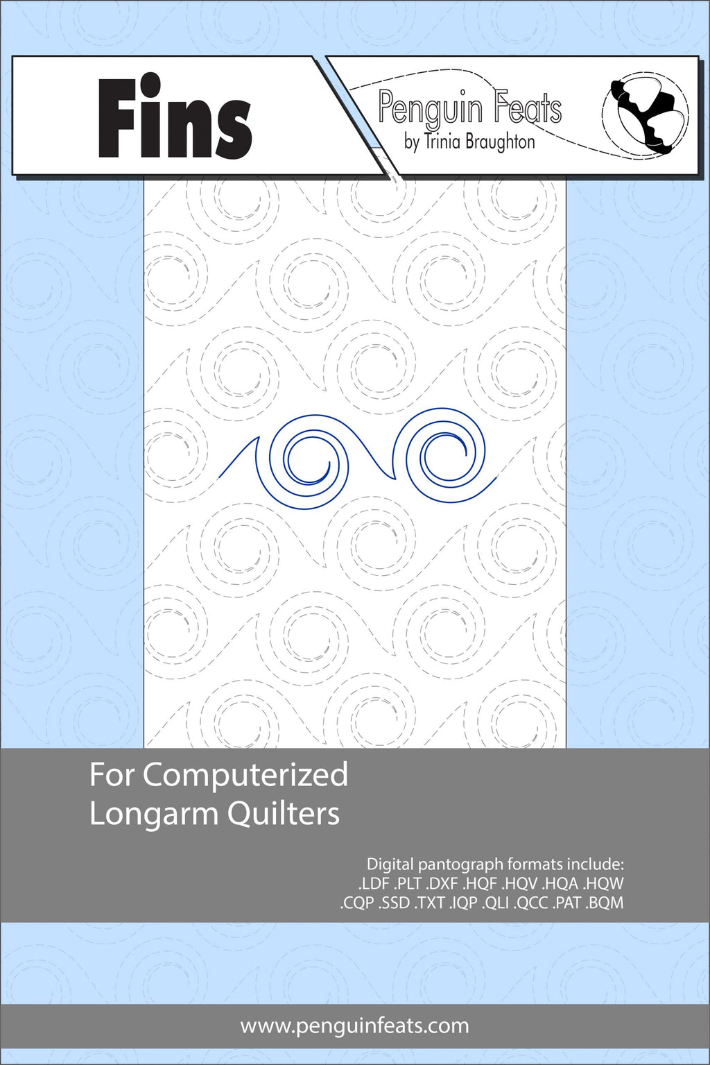 Penguin Feats Fins pattern sheet for computerized longarm quilters with a blue and gray design.