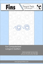 Penguin Feats Fins pattern sheet for computerized longarm quilters with a blue and gray design.