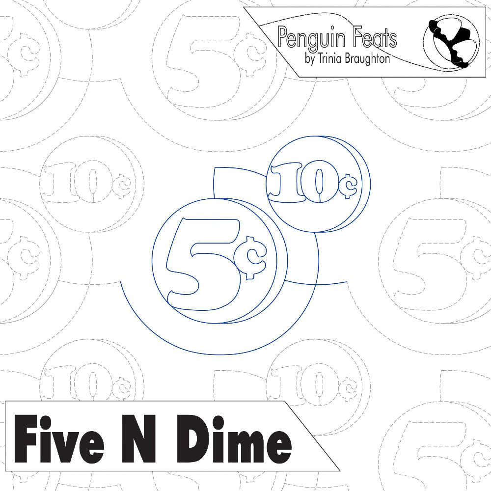Outline of a five cent coin with 'Five N Dime' text on a white background, featuring the 'Penguin Feats' logo.